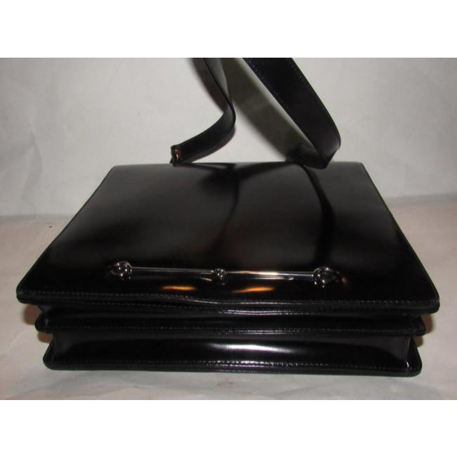 Gucci Vintage Pursesdesigner Purses Black Glossy Leather With Large Horse Bit Accent Satchel