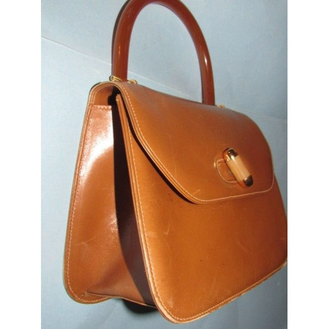 Gucci Vintage Caramel Leather With Tortoise Shell Lucite Bakelite And Gold Accent