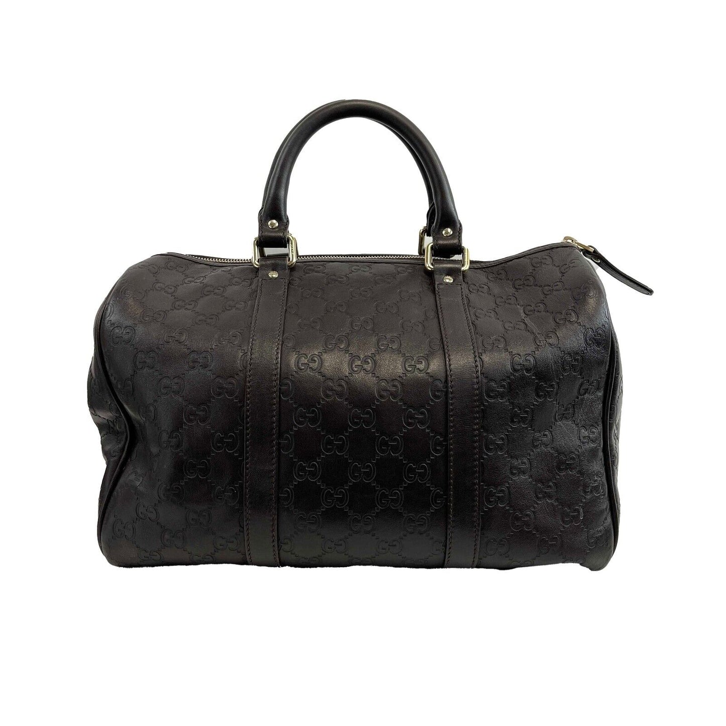 GUCCI - Embossed Leather Monogram Speedy Medium Brown Top Handle Bag
