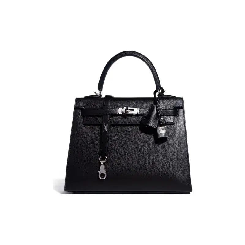 HERMES Kelly 25 Bag Epsom Leather Handbag (25,28) Silver hardware - black