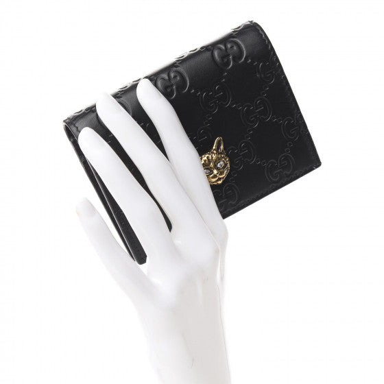 Gucci Guccissima Crystal Cat Card Case in Black