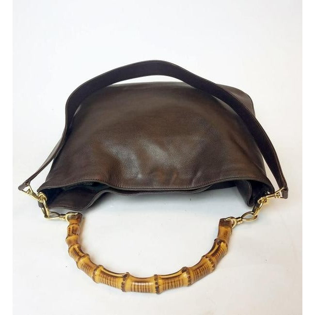Gucci Shoulder W Two Way Style Handle Brown Leather Bamboo Hobo Bag