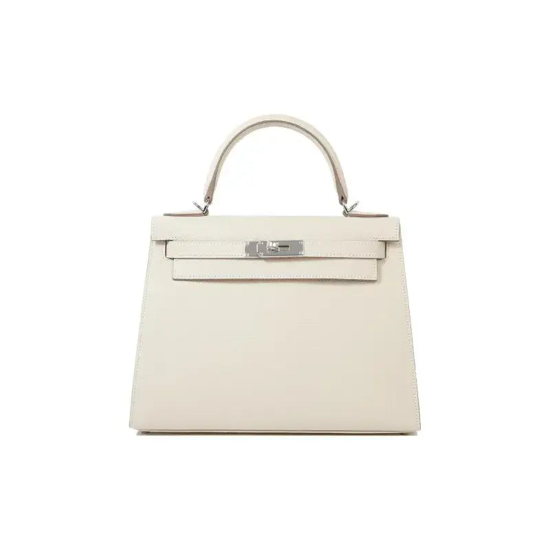 HERMES Kelly 25 Bag Epsom Leather Handbag (25,28) Milkshake White  silver hardware