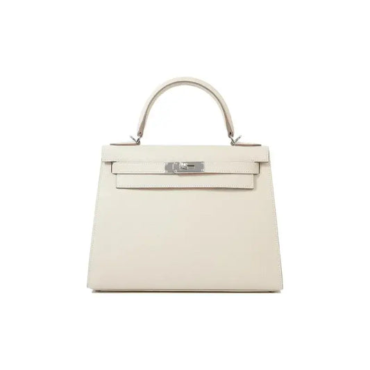 HERMES Kelly 25 Bag Epsom Leather Handbag (25,28) Milkshake White  silver hardware