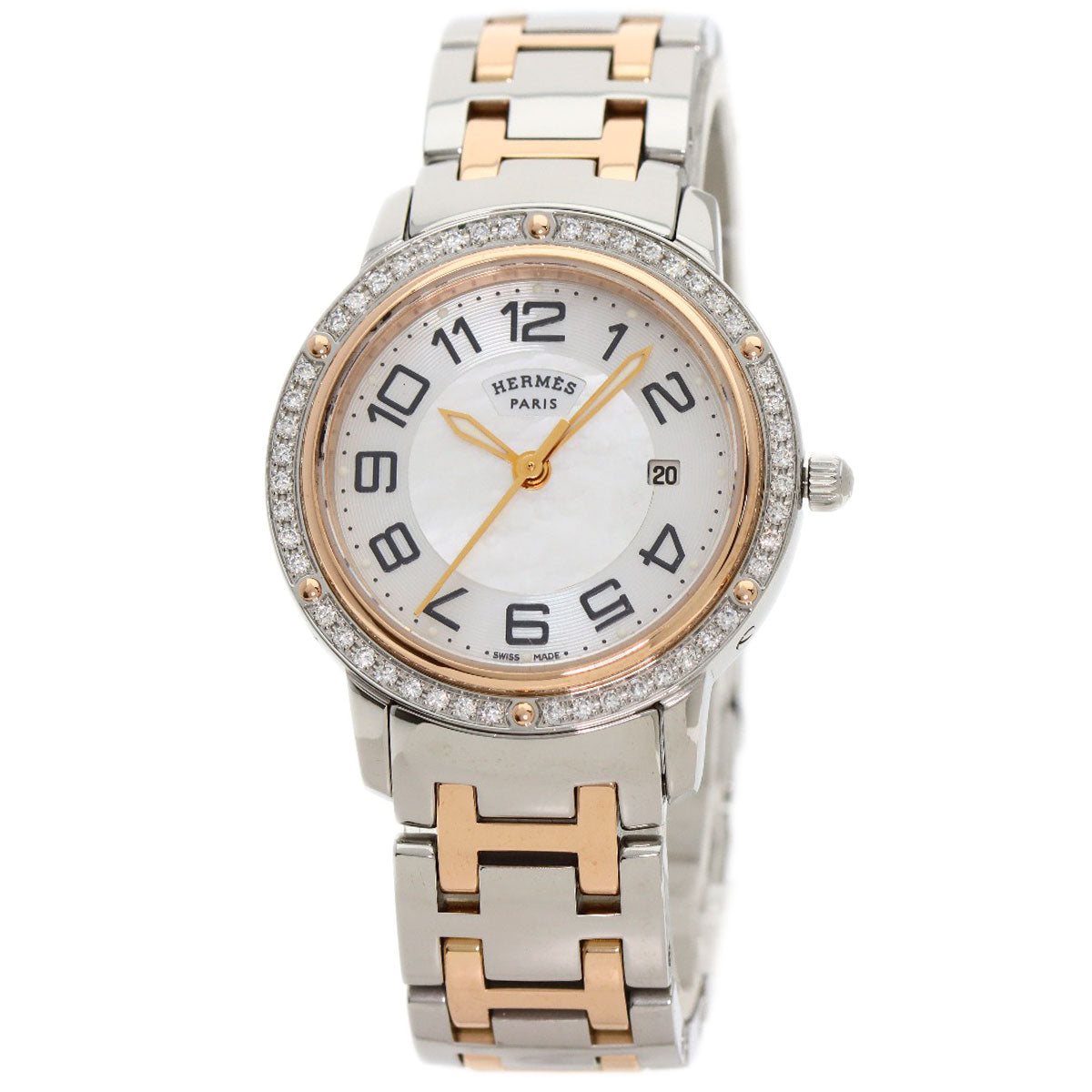 HERMES Watches Quartz CP1.322 Stainless Steel, SSxPGP, Diamond Silver Clipper Classic Nacle Diamond White shell dial Women Used