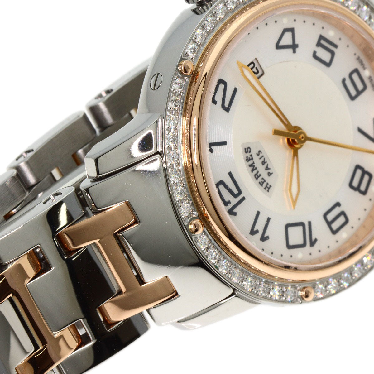 HERMES Watches Quartz CP1.322 Stainless Steel, SSxPGP, Diamond Silver Clipper Classic Nacle Diamond White shell dial Women Used