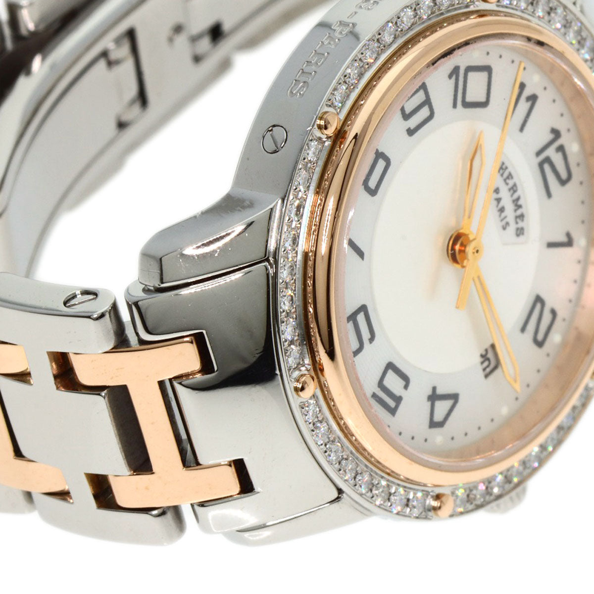 HERMES Watches Quartz CP1.322 Stainless Steel, SSxPGP, Diamond Silver Clipper Classic Nacle Diamond White shell dial Women Used