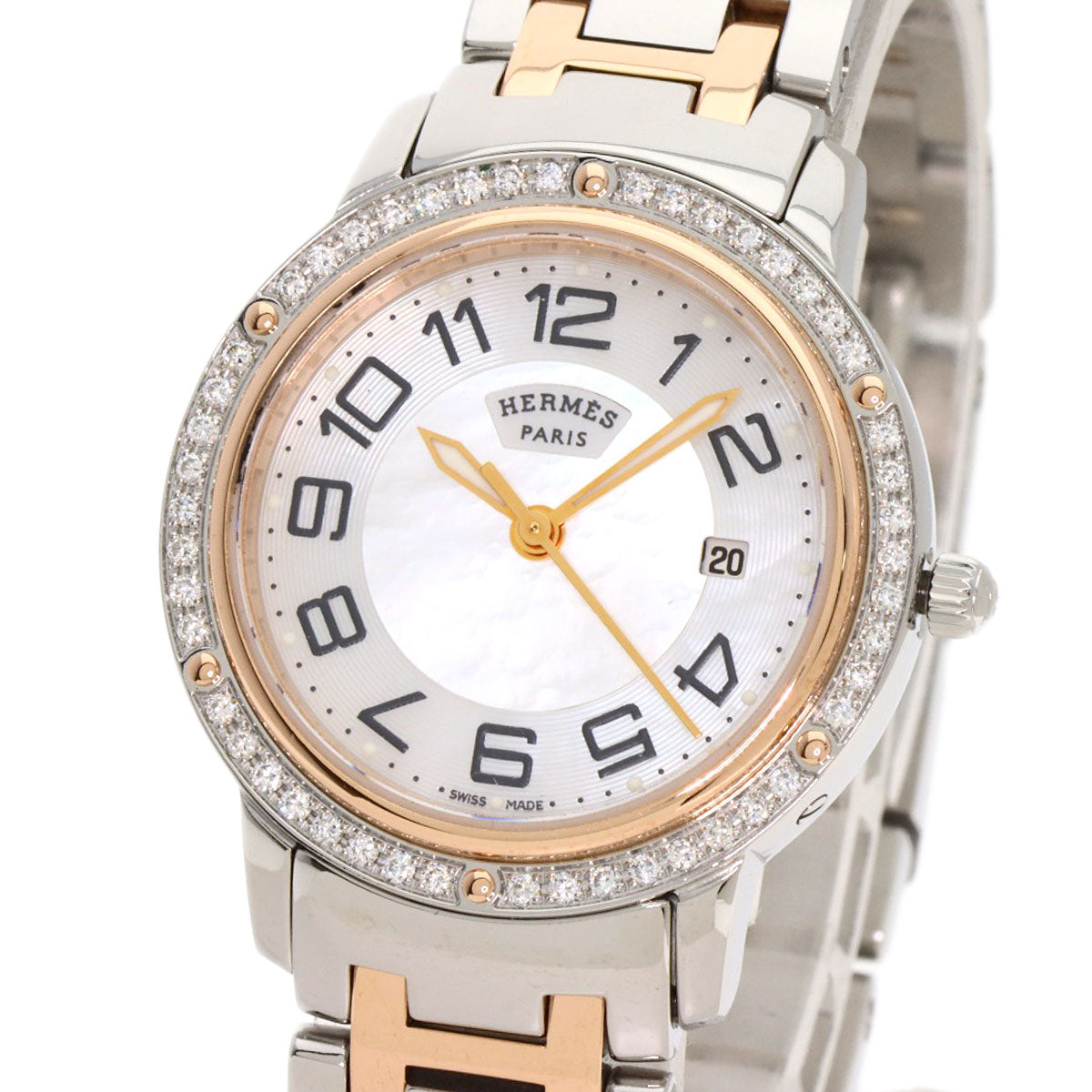 HERMES Watches Quartz CP1.322 Stainless Steel, SSxPGP, Diamond Silver Clipper Classic Nacle Diamond White shell dial Women Used