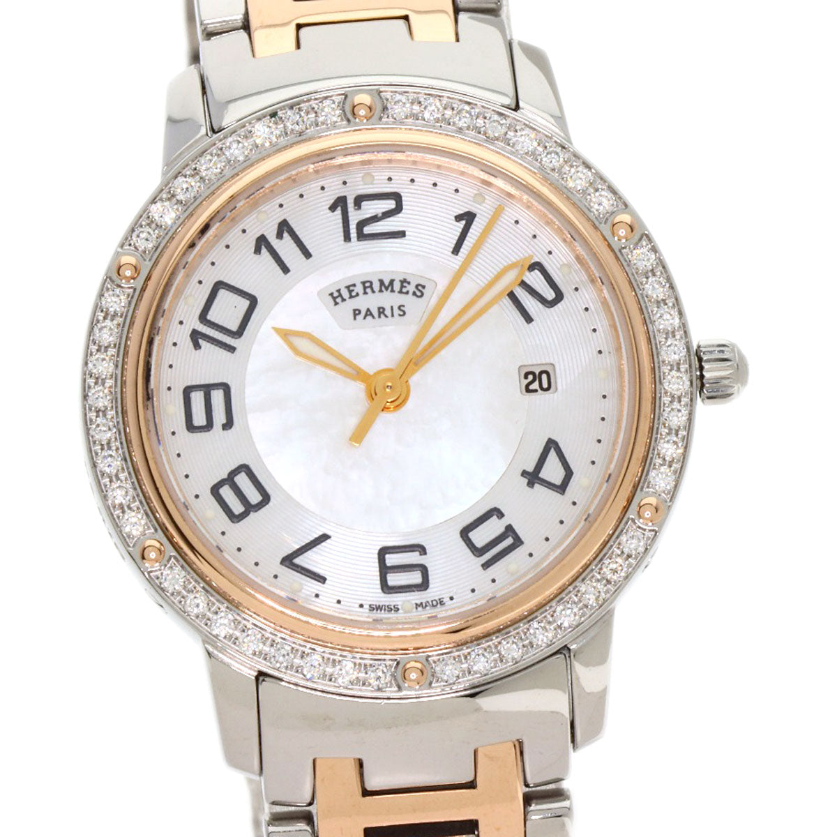 HERMES Watches Quartz CP1.322 Stainless Steel, SSxPGP, Diamond Silver Clipper Classic Nacle Diamond White shell dial Women Used