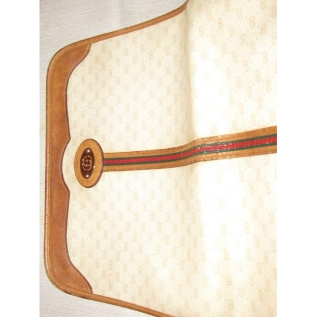 Gucci Vintage Beige With Camel Small G Logo And Red Green Stripe Leather Coated Canvas