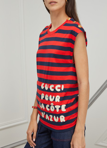 Gucci S/S Striped Pour La Cote D'Azur T-Shirt in Red and Navy