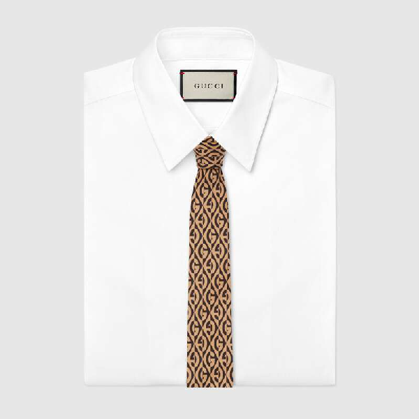 Gucci GG Rhombus Print Silk Tie In Brown