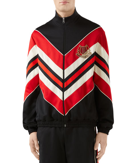 Gucci Chevron Red Stripe Track Jacket with Lyre in Black