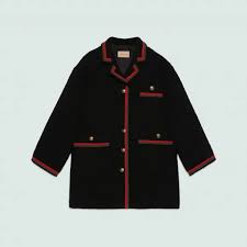 Gucci Soft Tweed Bouclé Black Button Down Coat with Green Red Web