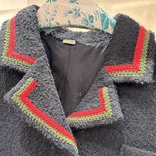 Gucci Soft Tweed Bouclé Black Button Down Coat with Green Red Web