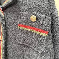 Gucci Soft Tweed Bouclé Black Button Down Coat with Green Red Web