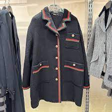 Gucci Soft Tweed Bouclé Black Button Down Coat with Green Red Web