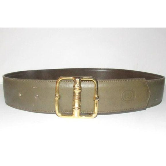 Gucci Grey Leather Belt with Gold GG Bamboo Engraved Buckle