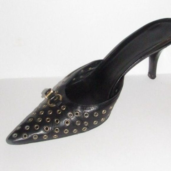 Gucci Black Brass Grommets Mule Kitten Heels