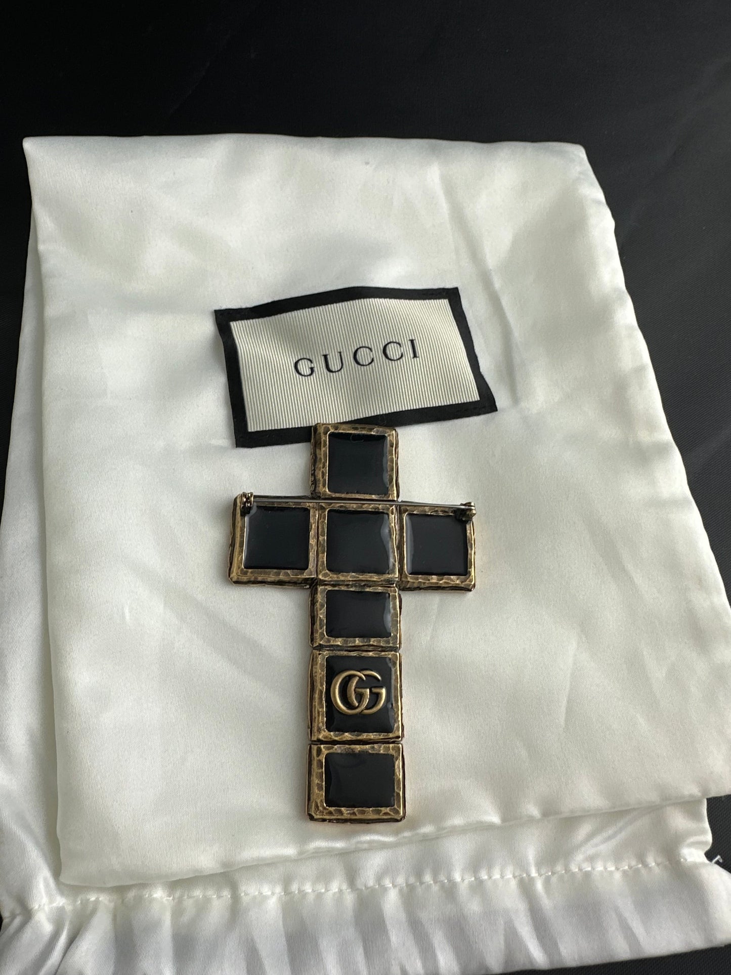 Gucci Aged Gold and Enamel Cross Brooch
