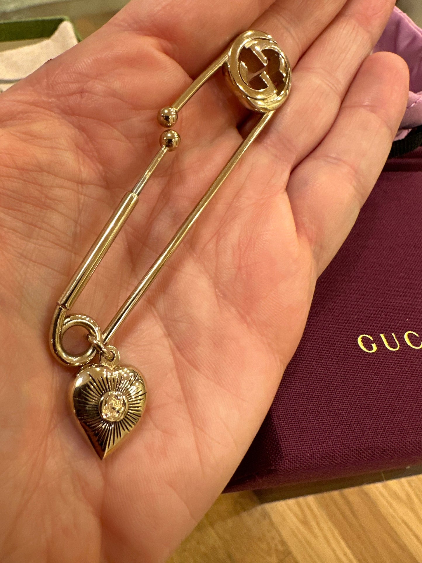 Gucci Single Safety Pin Earring with Heart