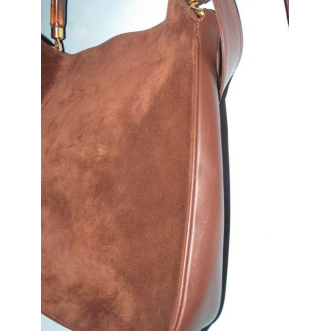 Gucci W Suede Leather Sarah Flip Top Two Way Handle And Removable Strap Bamboo Hobo