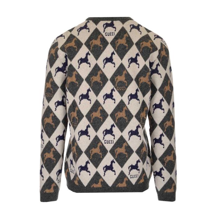 Gucci Equestrian Diamond Jacquard Sweater in Gray and White