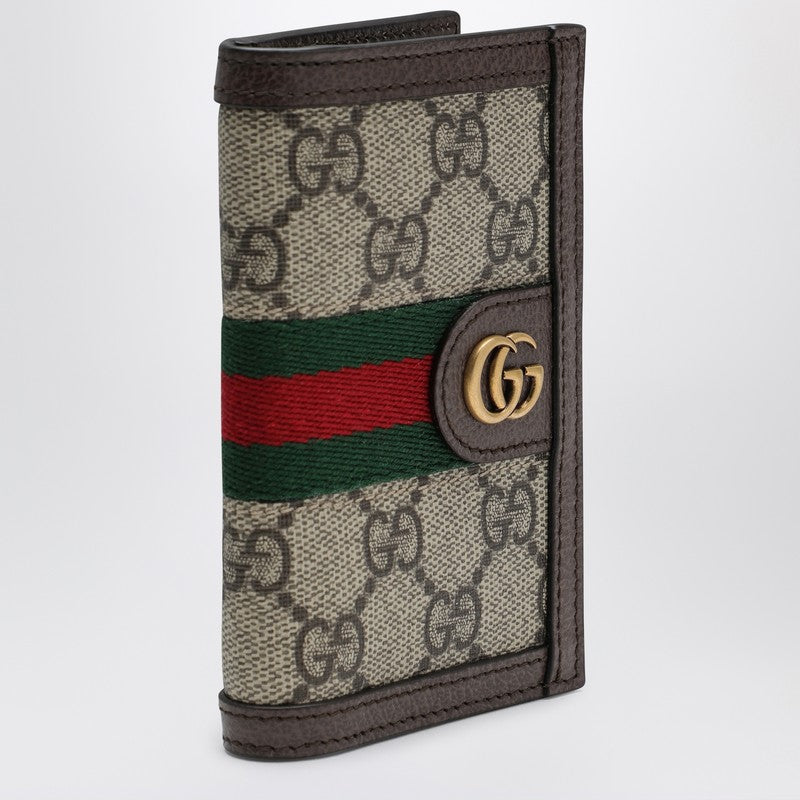 Gucci Ophidia Card Case In Beige And Ebony Gg Supreme Fabric Men