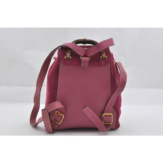 Gucci Suede Leather With Handle Fuchsia Gold Bamboo Suede And Leather Backpack