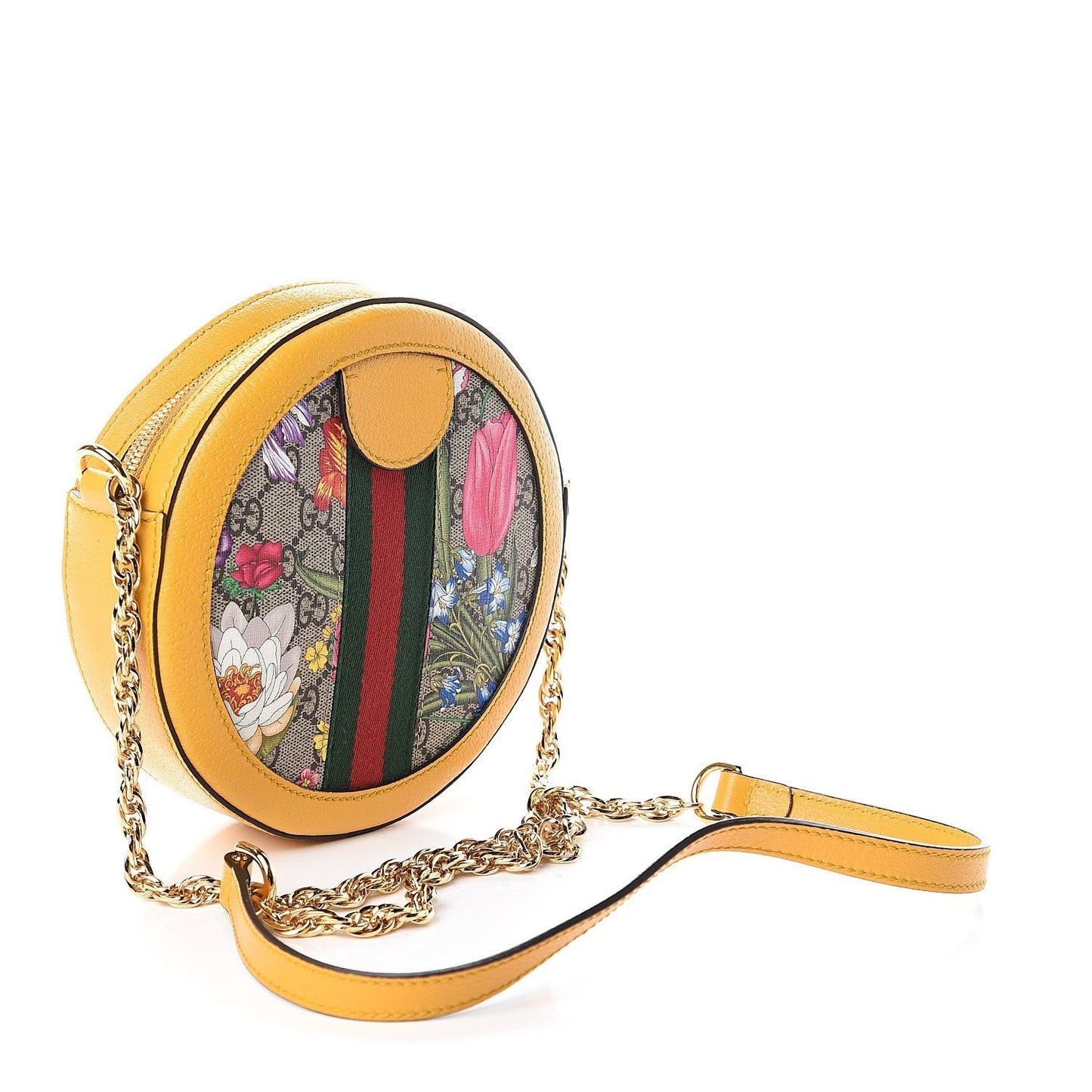 Gucci Mini Ophidia GG Flora Round Shoulder Bag in Yellow