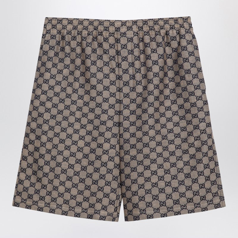 Gucci Shorts With Beige And Blue Gg Motif In Linen Blend Men