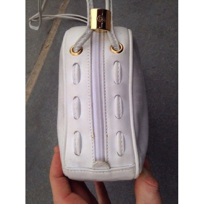 Gucci Vintage Pursesdesigner Purses White Canvas With Small G Logo And Leather Coated Shoulder Bag