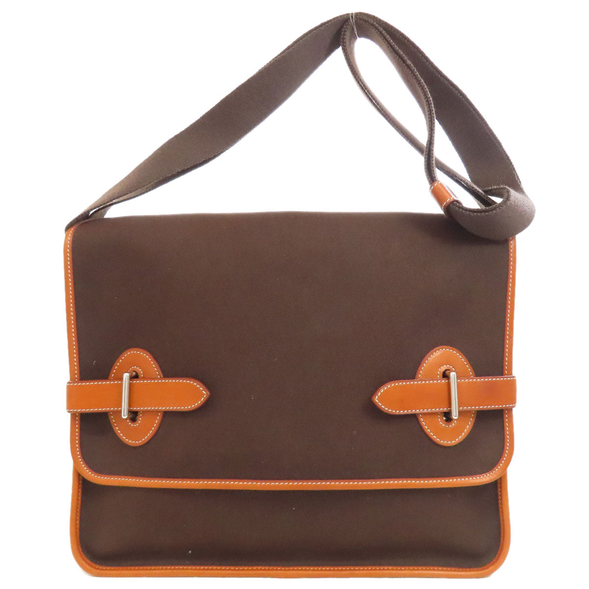 HERMES Shoulder Bag Toile Officier, Calfskin Brown Buenaventura SilverMetal Women Used