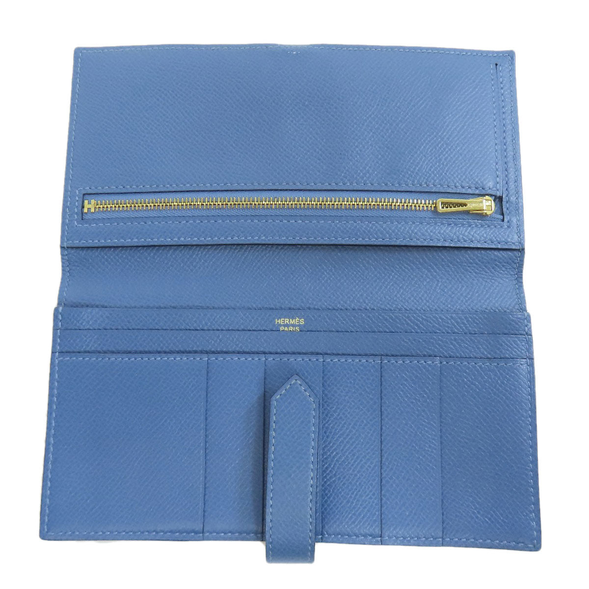 HERMES Long Wallet Purse Epsom blue Bearn Soufflet Gold Metal