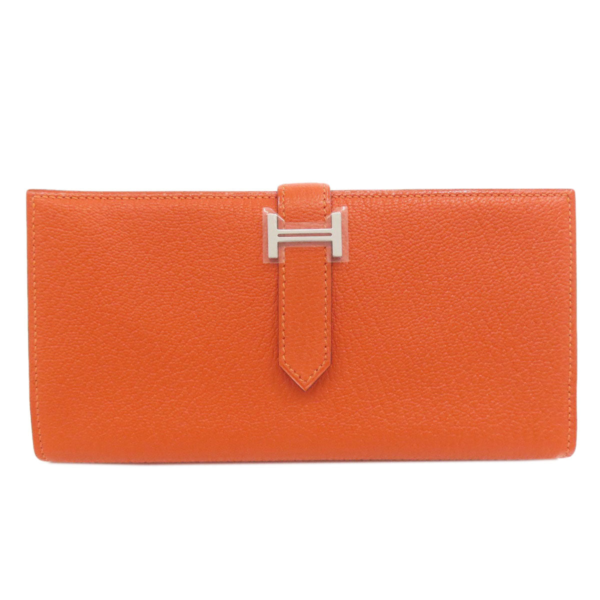 HERMES Long Wallet Purse Shave Orange Bearn Soufflet Silver Metal Women Used