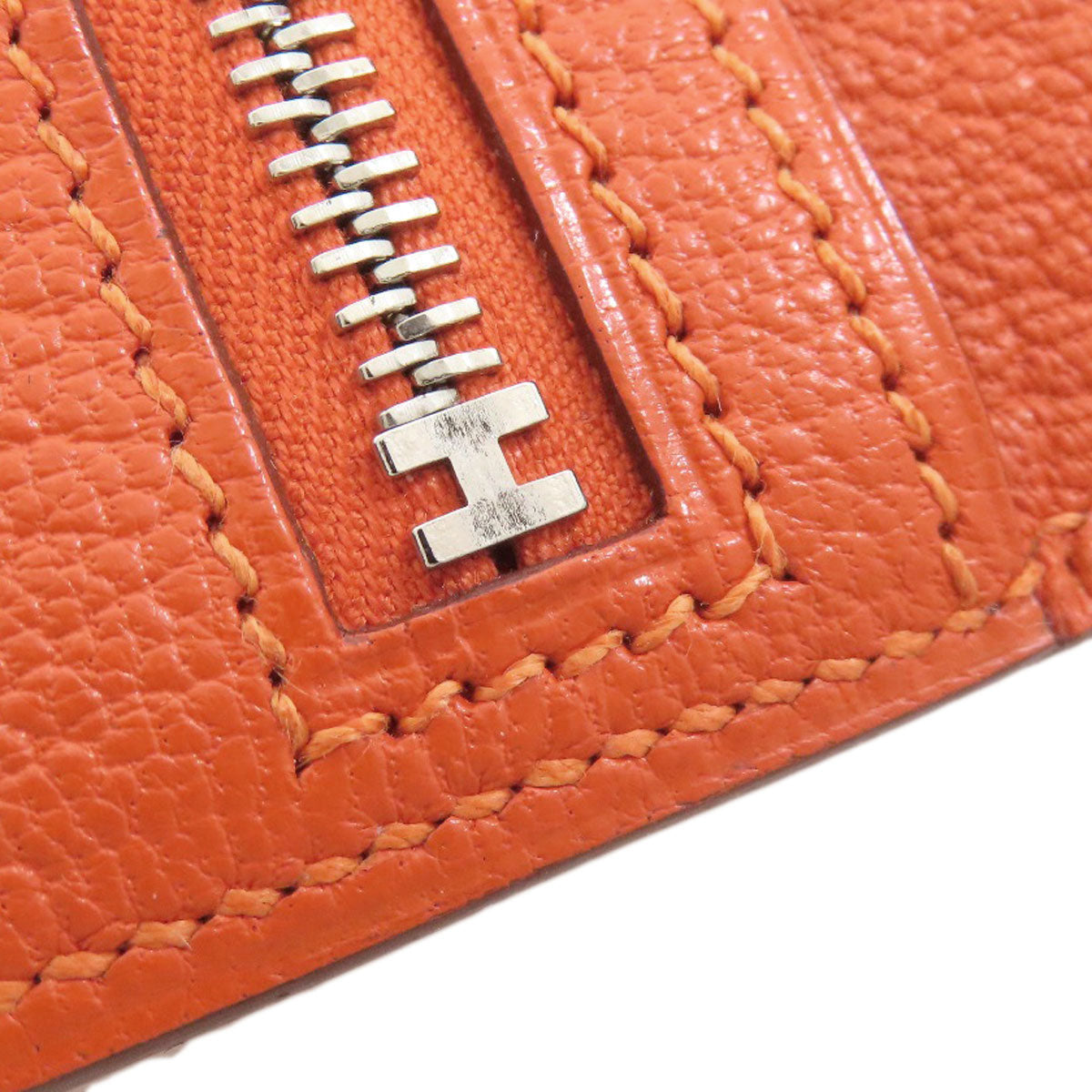 HERMES Long Wallet Purse Shave Orange Bearn Soufflet Silver Metal Women Used