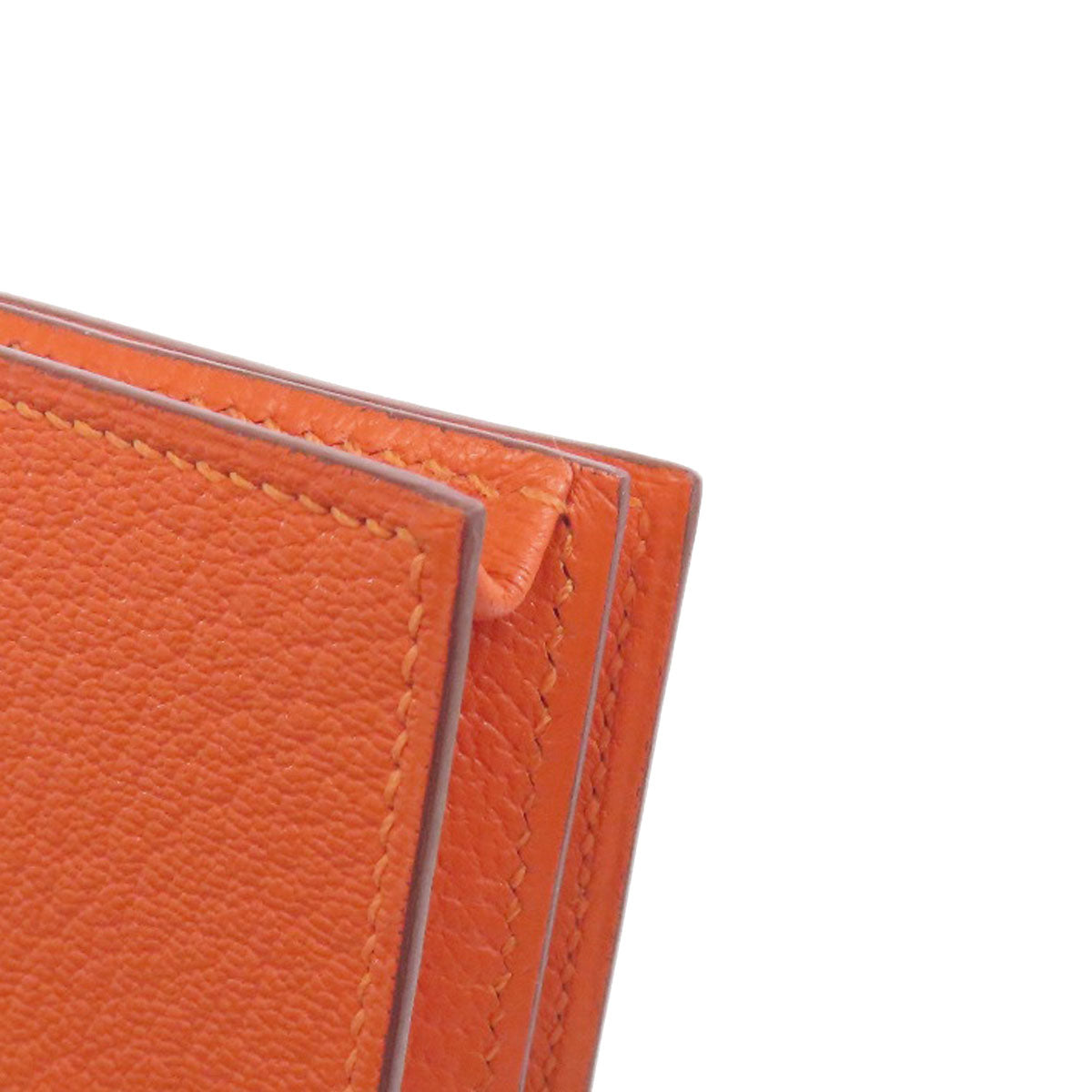 HERMES Long Wallet Purse Shave Orange Bearn Soufflet Silver Metal Women Used