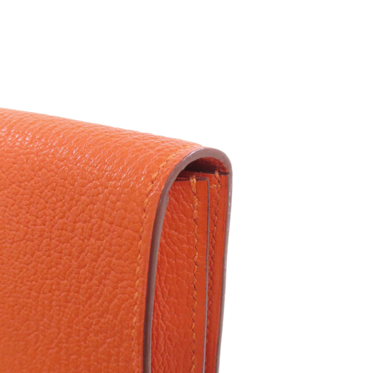 HERMES Long Wallet Purse Shave Orange Bearn Soufflet Silver Metal Women Used