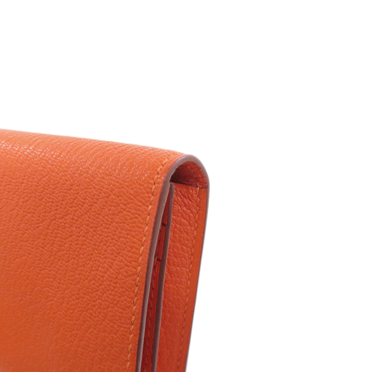 HERMES Long Wallet Purse Shave Orange Bearn Soufflet Silver Metal Women Used