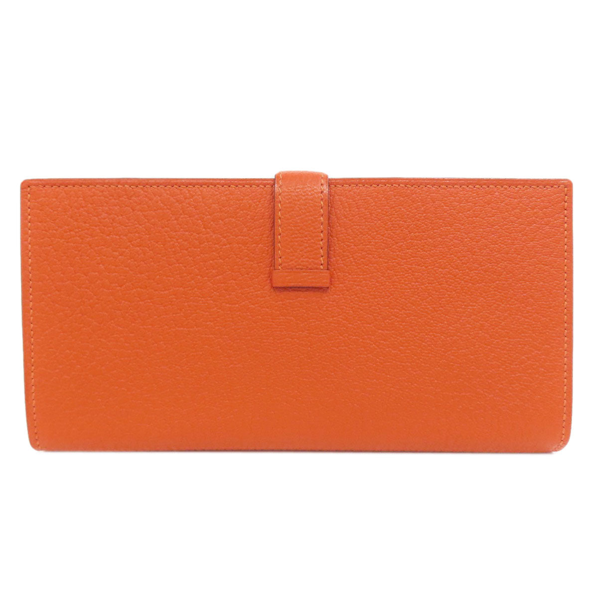 HERMES Long Wallet Purse Shave Orange Bearn Soufflet Silver Metal Women Used