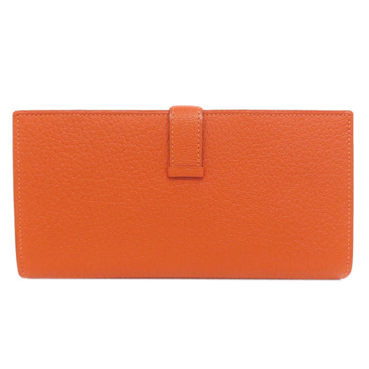 HERMES Long Wallet Purse Shave Orange Bearn Soufflet Silver Metal Women Used