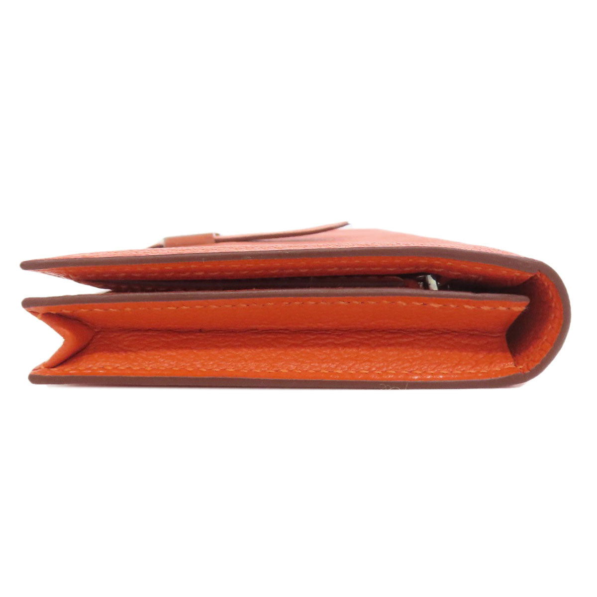 HERMES Long Wallet Purse Shave Orange Bearn Soufflet Silver Metal Women Used