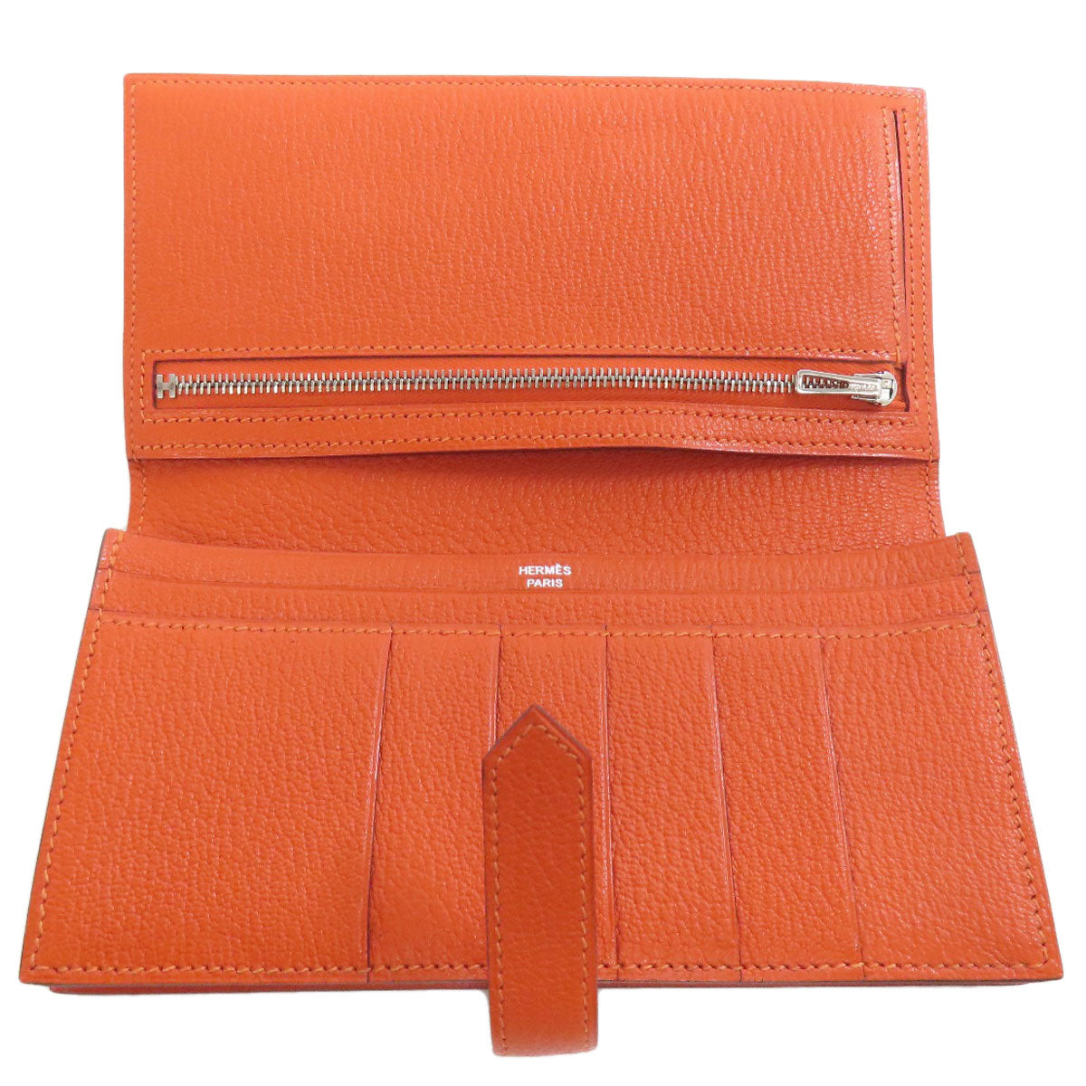 HERMES Long Wallet Purse Shave Orange Bearn Soufflet Silver Metal Women Used