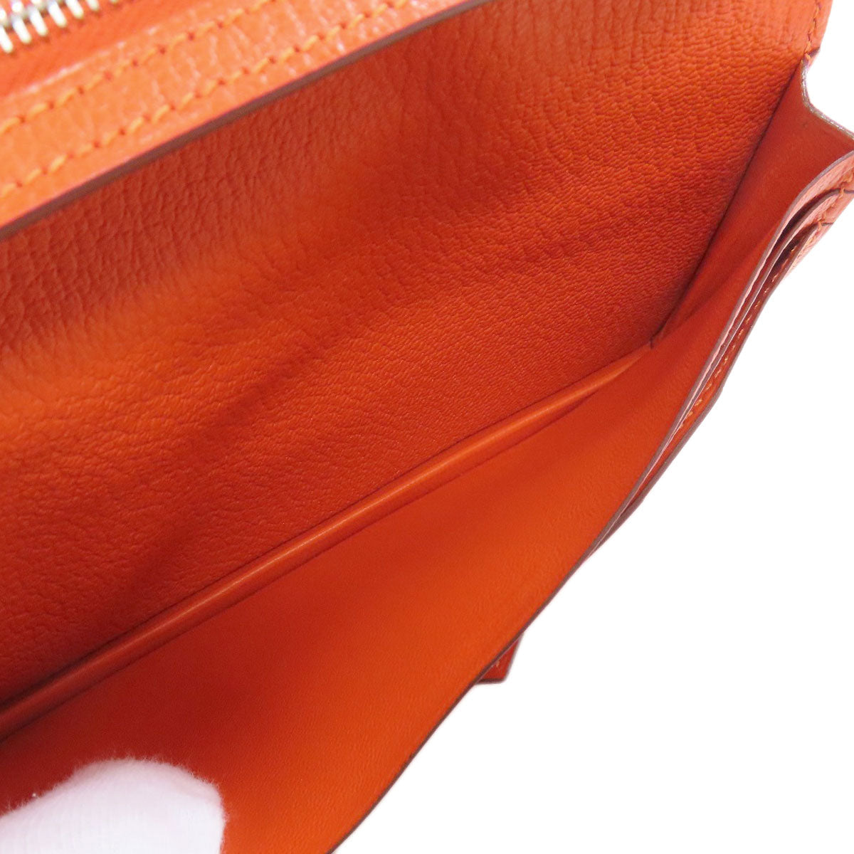 HERMES Long Wallet Purse Shave Orange Bearn Soufflet Silver Metal Women Used