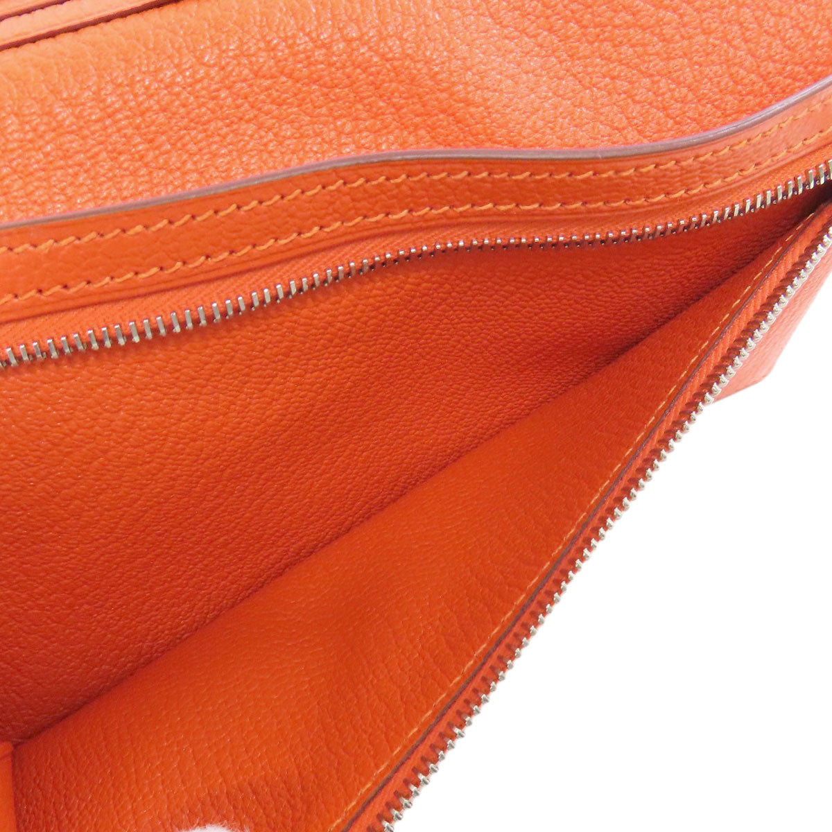 HERMES Long Wallet Purse Shave Orange Bearn Soufflet Silver Metal Women Used
