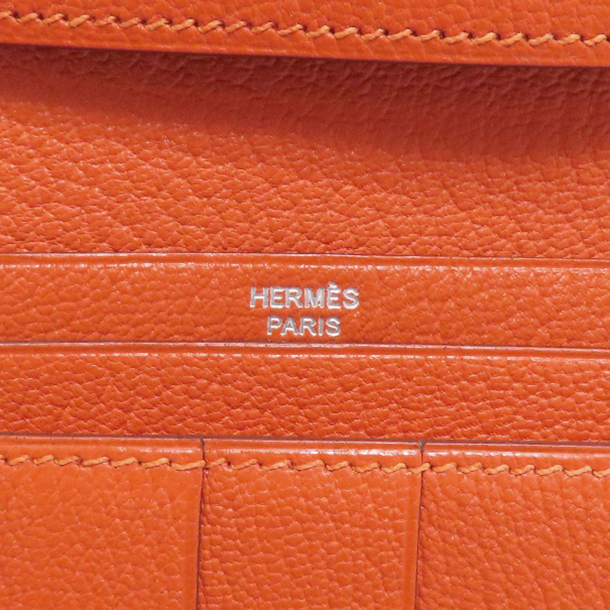 HERMES Long Wallet Purse Shave Orange Bearn Soufflet Silver Metal Women Used