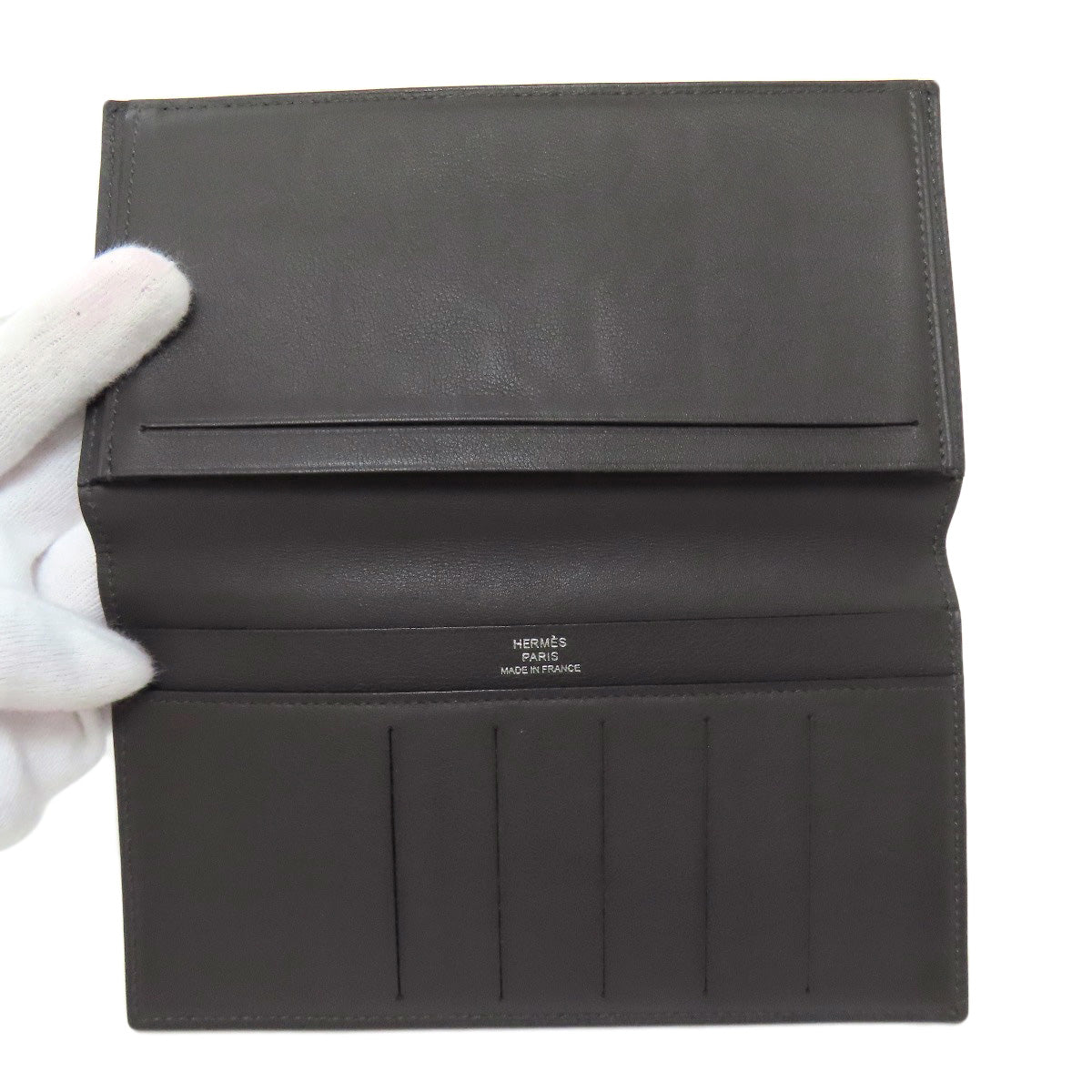 HERMES Long Wallet Purse Calfskin gray Citizen Twill Long Silk Inn Women Used