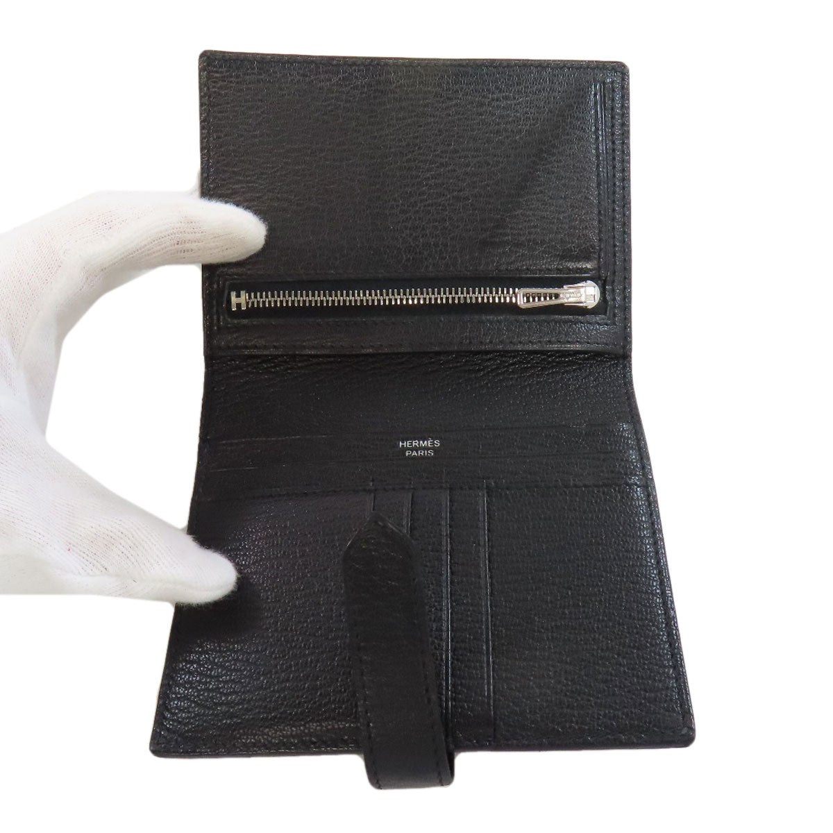 HERMES Bifold Wallet Shave black Bearn Compact SilverMetal
