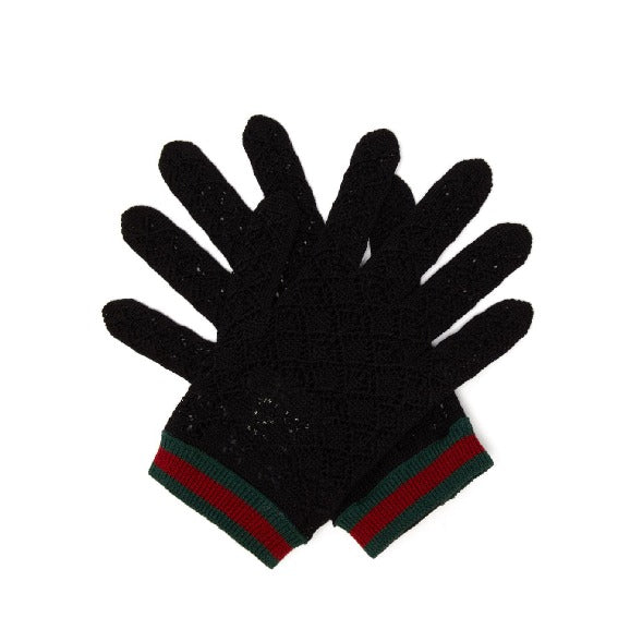 Gucci Web Stripe Crochet Gloves in Black
