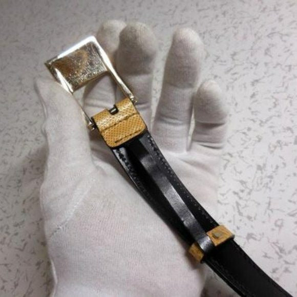 Gucci tan lizard leather belt w engraved chrome buckle